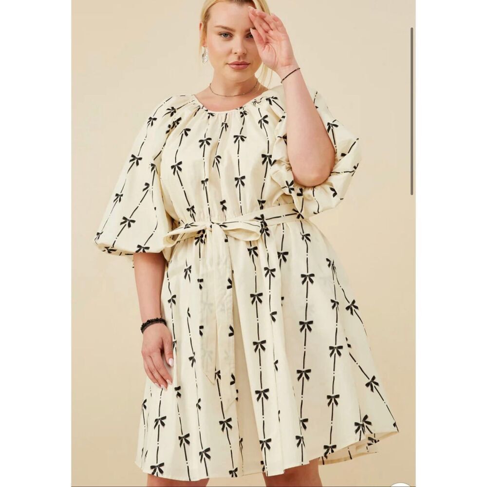 Hayden Womens All Over Bow Print Belted Dress in Ivory Nwt Size Large